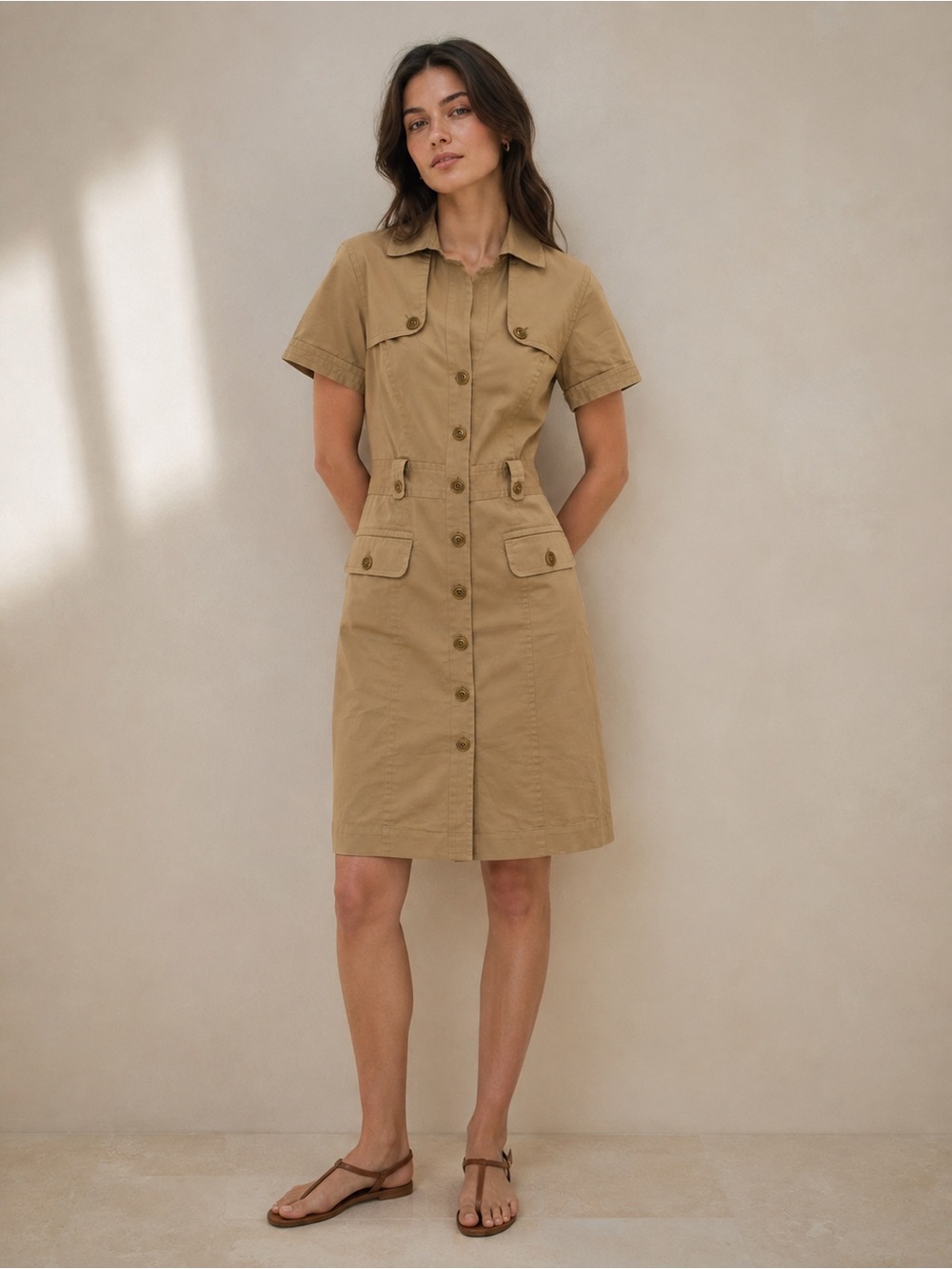 Club Monaco Khaki Button-Front Midi Shirt Dress